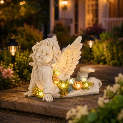 Garden Angels Outdoor Statue, Solar Cherub Baby Angel with Succulent | 7'' Resin Angel Statue with Warm Glow, Memorial Angel Figurines Gardening Gifts for Mother Grandma Yard Patio Lawn Decoration - style: Playful Cherub