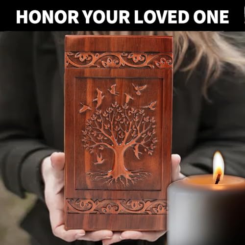 Elegant Tree of Life Wooden Urn for Human Ashes Adult – Full Size 300 Cubic Inches, Handcrafted Solid Wood Cremation Urn (11.3” H), TSA Approved Memorial Urn for Mom, Wife or Loved One