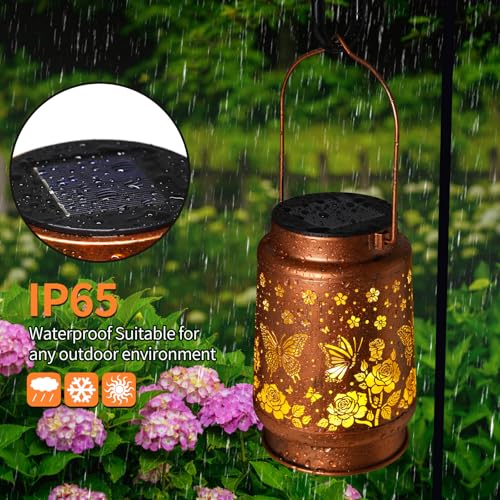 Butterfly Solar Lanterns Outdoor Waterproof Rose Garden Decor Gifts for Women Mom Grandma Hanging Solar Lights Metal Solar Decoration Outside for Yard,Patio,Backyard,Porch - style: C. 1 Pack Rose Butterfly Lantern