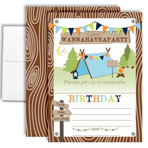 Camping Birthday Party Invitations for Boys, 20 5x7 Fill In Cards with Twenty White Envelopes by AmandaCreation - style: Camping Birthday Party for Boys