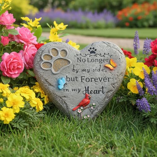 Dog Memorial Stone Pet Loss Sympathy Gift 10 inch | Pet Grave Markers with Paw Print Cardinal & Butterfly Dog Bereavement Gifts Heart-Shaped Doggy Passing Away Gifts