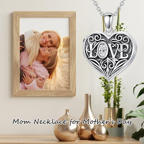 Mom Photo Locket Necklace 925 Sterling Silver Mothers Necklace Mother Photo Locket Pendant Mom Jewelry for Mother's Day - color: love-text