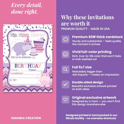 Amanda Creation Hippo Birthday Invitations for Girls, 20 Pack 5x7 Fill-In Party Cards with White Envelopes, Hip Hippo Hooray Cute Animal Design, Made in USA - color: Hip Hippo Hooray Hippopotamus