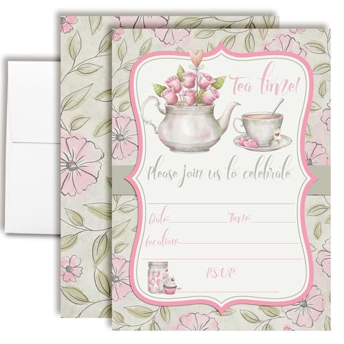 Watercolor Tea Party Theme Girls Birthday Party 20 Invitations 5x7 Fill-In Cards with Envelopes, Princess Theme Elegant Floral Design for Child Celebration, Made in USA by Amanda Creation - style: Watercolor Tea Party