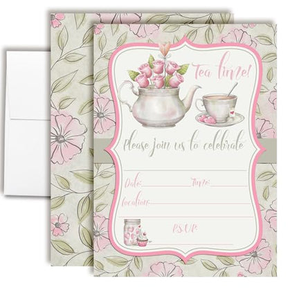 Watercolor Tea Party Theme Girls Birthday Party 20 Invitations 5x7 Fill-In Cards with Envelopes, Princess Theme Elegant Floral Design for Child Celebration, Made in USA by Amanda Creation - style: Watercolor Tea Party