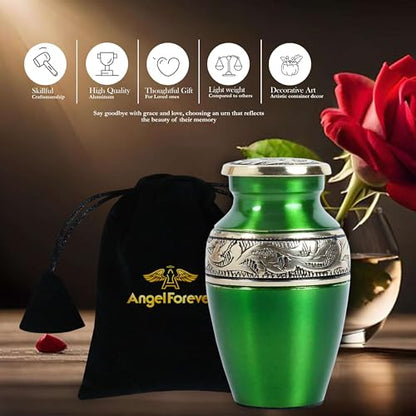 Mini Brass Keepsake Urn for Human Ashes – Handcrafted Green Metal Memorial Urn with Silver Engraved Band – 3 Cubic Inch Small Funeral Cremation Urn for Adult or Pet Ashes with Velvet Bag & Gift Box - size: Green