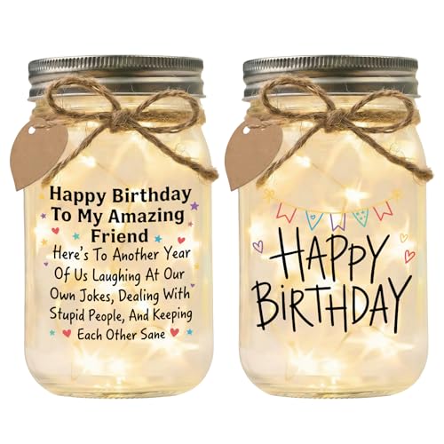 Jar Night Light, Glass Lamp, 5x3 Inch, Memorial Gift Funny | Friendship Unique Tin Lid Lamp Sentimental Bereavement Keepsake Home Decor for Loss of Loved One Memorial Condolence Present - color: Happy Birthday Friend