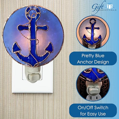 Gift Essentials Blue Anchor Plug-in Night Light - Stained Glass Nightlight | Blue Anchor Stained Glass Plug-in Nightlight with On/Off Rocker Switch. Includes One 4-Watt Replaceable Warm-Glow Bulb. - color: Anchor