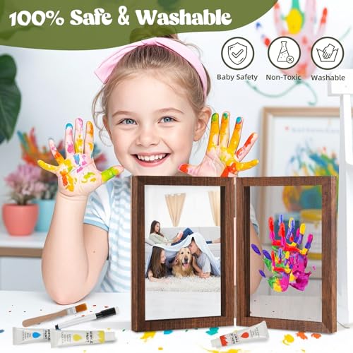 Family Handprint Kit, DIY Baby Hand and Footprint Handmade Keepsake Wooden Frame, Family Gifts with 5 Non-Toxic Baby-Safe Paint, Ideas Gift for New Parents Couple Friends - color: Brown, size: 4 Pages Acrylic Boards