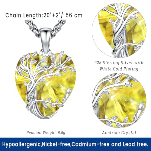 Eusense Tree of Life Necklace for Women Men Sterling Silver 925 Tree Urn Locket Cremation Jewelry Family Tree Pendant Gifts for Her Him Mom Dad Grandma Daughter - style: E-G-Tree of Life Necklace 11-Citrine