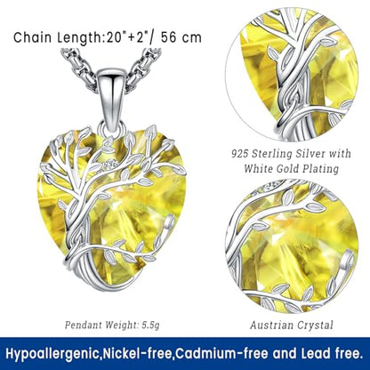 Eusense Tree of Life Necklace for Women Men Sterling Silver 925 Tree Urn Locket Cremation Jewelry Family Tree Pendant Gifts for Her Him Mom Dad Grandma Daughter - style: E-G-Tree of Life Necklace 11-Citrine