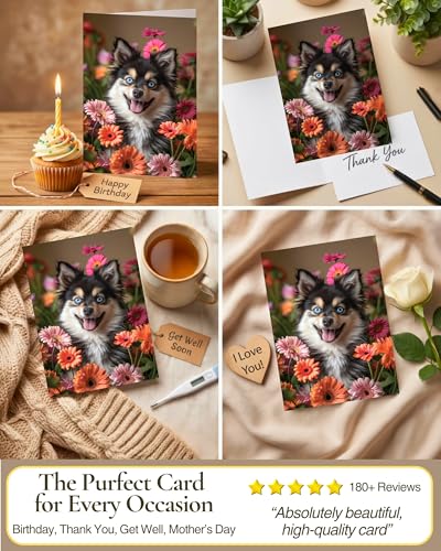 Pomsky with Flowers All Occasions Greeting Card - Dog with Flowers from Unique Dogs Party Delights Collection - Large 5x7 Inch - Blank Inside with A7 Invitation Style White Envelope | 5x7 Inch Card, Blank Inside, Premium Silk Cardstock, Made in USA by USA