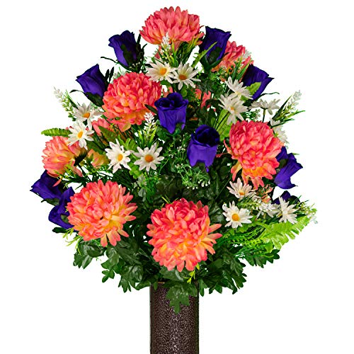 Artificial Cemetery Flowers – Realistic Vibrant Roses, Outdoor Grave Decorations - Non-Bleed Colors, and Easy Fit - 1 Salmon Pink Mum and Purple Rose Bouquet - color: Salmon, size: 1 Bouquet