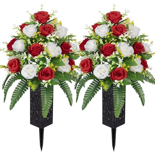 MOOMASS Artificial Cemetery Flowers – Grave Decorations, Cemetery Flowers for Grave Vase, Artificial Rose, Silk Flowers for Long-Lasting Remembrance (Red+White, 2 Bouquets) - color: Red+white, size: 2 bouquets