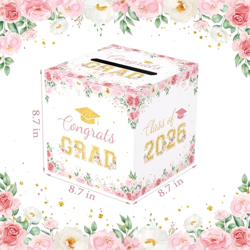 Floral Graduation Card Box 2026, Pink Flower Congrats Grad Card Holder Box, Graduation Party Money and Gift Card Box, Foldable Graduation Gift Grad Parties, 8.7 x 8.7 x 8.7 Inch - color: Pink Flower