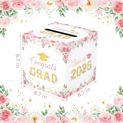 Floral Graduation Card Box 2026, Pink Flower Congrats Grad Card Holder Box, Graduation Party Money and Gift Card Box, Foldable Graduation Gift Grad Parties, 8.7 x 8.7 x 8.7 Inch - color: Pink Flower