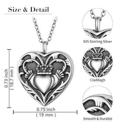 925 Sterling Silver Urn Necklaces for Women Claddagh/Angel Wings/Guitar/Butterfly/Tree of Life Ashes Memorial for Loss Keepsake Jewelry Present Easter Day of the Dead - style: Irish Claddagh