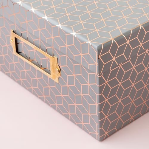 American Crafts Photo Keepsake Box with Lid, Gray Geo with Rose Gold Foil, 11x7.4x4.3, Decorative Photo Storage & Memory Box