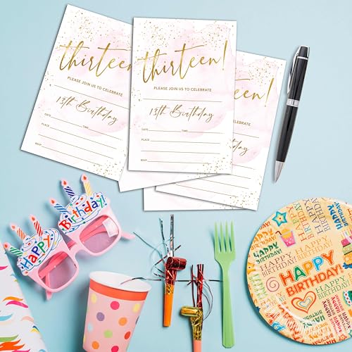 Birthday Invitations - 13th Birthday Invites with Envelopes(25-Count) - Pastel Gold Foil Fill-in Party Invite Cards for Girls Kids Party Supplies Favors Decorations - A22 - style: Pastel Gold Foil 13th