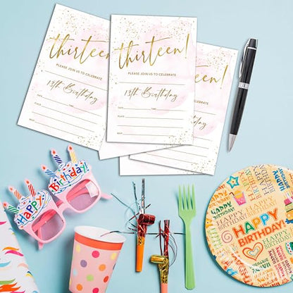 Birthday Invitations - 13th Birthday Invites with Envelopes(25-Count) - Pastel Gold Foil Fill-in Party Invite Cards for Girls Kids Party Supplies Favors Decorations - A22 - style: Pastel Gold Foil 13th