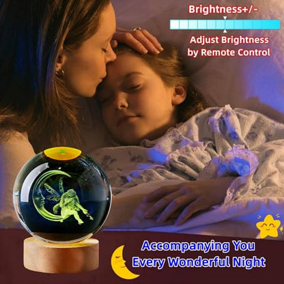 Large Moon&Fairy Crystal Ball Night Light with Woodern Base, 3D Fairy Crystal Lamp 16 Color Changing with Remote Control, Laser Engraved Fairy Glass Ball Lamp, Room Decor (Moon&Fairy) - style: Moon&Fairy