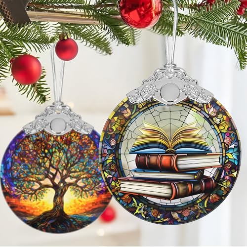 Book Lovers Gifts: Stained Glass Book Ornaments for Christmas Tree - color: Stacked Book