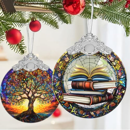 Book Lovers Gifts: Stained Glass Book Ornaments for Christmas Tree - color: Stacked Book