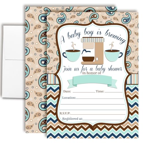 Amanda Creation 20 Baby Shower Invitations with Envelopes – A Baby is Brewing Coffee Themed Fill-In Cards for Baby Boy Sprinkle, 5x7 Blank Invites, Made in USA - style: Coffee