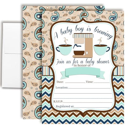 Amanda Creation 20 Baby Shower Invitations with Envelopes – A Baby is Brewing Coffee Themed Fill-In Cards for Baby Boy Sprinkle, 5x7 Blank Invites, Made in USA - style: Coffee