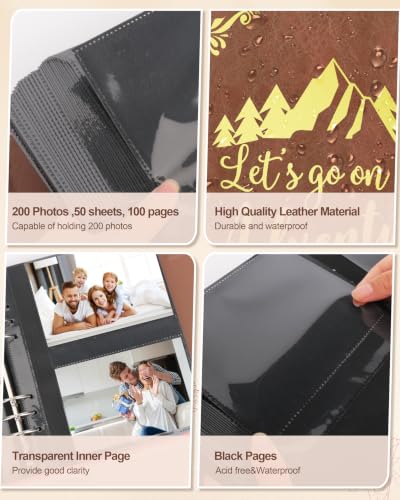 Leather Photo Album 4x6 200 Photos,Slip-in Photo Album Book with 50 Sheets, Travel Souvenir Diary Photo Book for Family Wedding Baby and Holiday Pictures - color: Brown