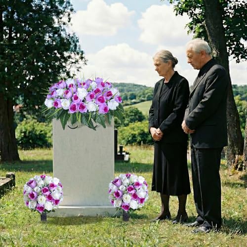 3 PCS Artificial Cemetery Flowers for Grave, Headstone Flower Saddle - color: Purple and White