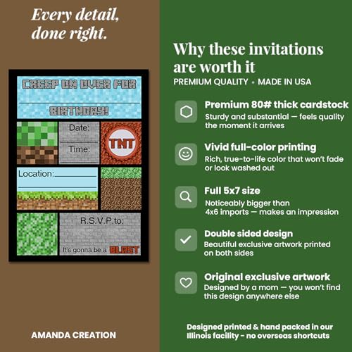Amanda Creation Pixel Miner Birthday Invitations, 20 Pack 5x7 Fill-In Video Game Birthday Invitations for Boys with White Envelopes, Made in USA - color: Creepy Pixel Miner