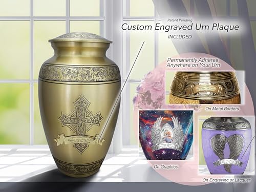 Gold Cross Cremation Urns for Human Ashes Adult Female & Male Urns - color: Gold - Engraved Ribbon, size: Large