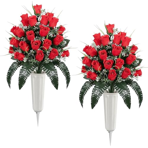 Lewondr Artificial Cemetery Flowers with Vase for Grave, Red Roses, 2 Pack - color: Red