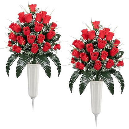 Lewondr Artificial Cemetery Flowers with Vase for Grave, Red Roses, 2 Pack - color: Red