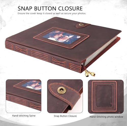 Leather photo Album Self Adhesive Pages, Handamde Leather Scrapbook Photo Album, Wedding Family Album, Holds 3x5, 4x6, 5x7, 6x8, 8x10 Photos - Coffee - color: Coffee, size: 13.58x13x1.3
