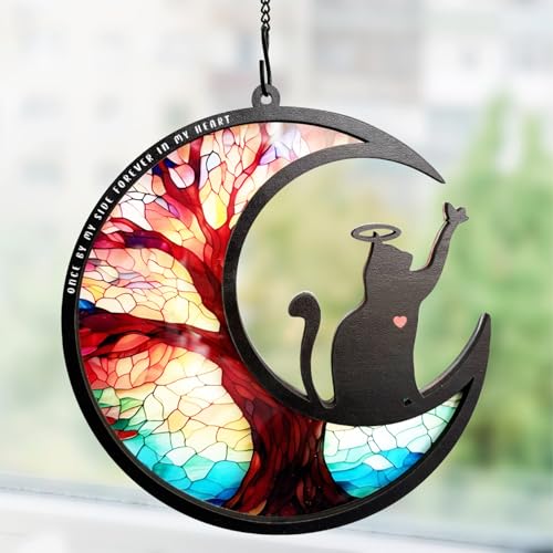 BamLue Pet Memorial Suncatcher for Window Decoration Ornament, Cat Memorial Gifts Loss of Sympathy for Pet Lover Cat Sun Catchers, Double-Layer DIY Life Tree of Loss of Sympathy Memories Gift - color: Tree Life-cat