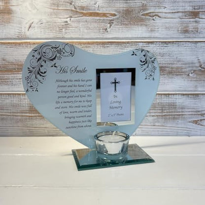 His Smile - Inspirational Poem, Candle and Photo Holder Glass Memorial Plaque