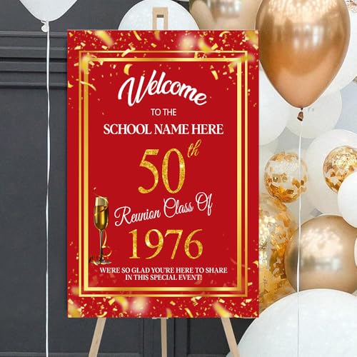 Personalized 50th Class Reunion Welcome Sign, Gold Confetti on Red Sign, High School & College Reunion Plastic Board - color: Version 5