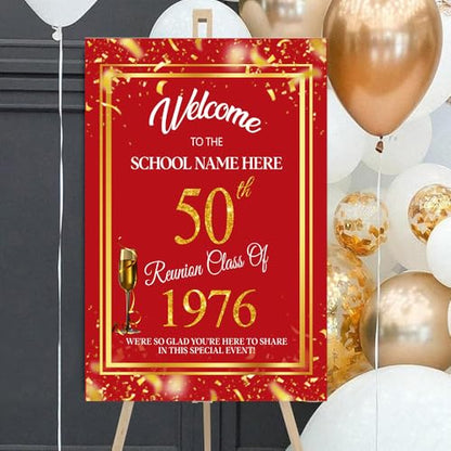 Personalized 50th Class Reunion Welcome Sign, Gold Confetti on Red Sign, High School & College Reunion Plastic Board - color: Version 5