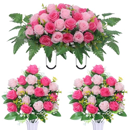 Artificial Cemetery Flower Saddles, Cemetery Memorial Flowers with Vase for Grave Tombstone Decorations,Artificial Rose Bouquet Grave Memorial Flowers (Pink) - color: Pink