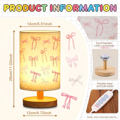 WSYEAR Daughter Gifts Bow Kids Table Lamp for Bedroom Kids Bedside Lamp with Linen Wooden Nightstand Cartoon Nursery Lampshade for Girls Living Room - color: Bow