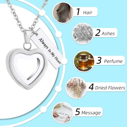 Glass Heart Cremation Urn Necklace for Ashes Stainless Steel Memorial Ash Pendant Keepsake Jewelry Cremation Jewelry for Women - color: Silver-Always In My Heart