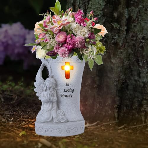 Memorial Gifts for Cemetery,Praying Angel Garden Decoration,Grave Decorations for Cemetery Garden Angel Statue with Solar Led Light and Vases, Remembrance Gifts, Cemetary Grave Decorations (White)