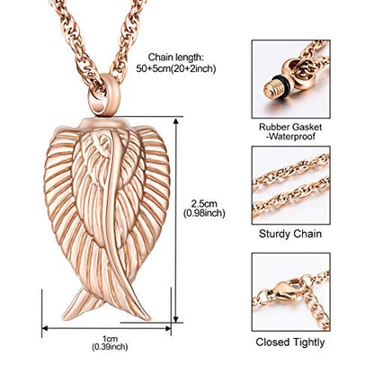 Angel Wing Cremation Necklace for Ashes Stainless Steel Urn Pendant Ashes Holder Memorial Jewelry-I’m Here WATCHING Over You - color: Rose Gold