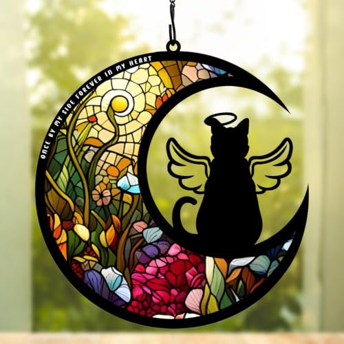 BamLue Cat Memorial Suncatcher for Windows Memorial Ornament, Pet Sympathy Gift to Memorialize The Loss, Angel Cat Sun Catchers with Personalized Decorations in Loving Memory for Loss - color: Cat-angel