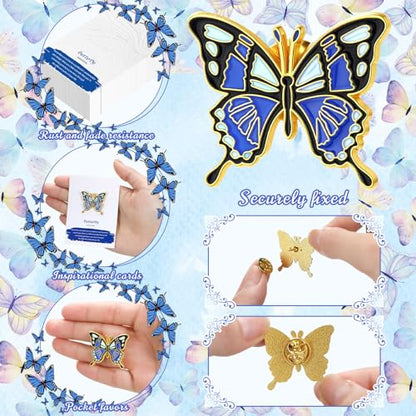 60 Sets Funeral Favors for Guests Butterfly Enamel Lapel Pins with Prayer Poem Memorial Cards Celebration of Life Gifts - color: Blue, style: Classic