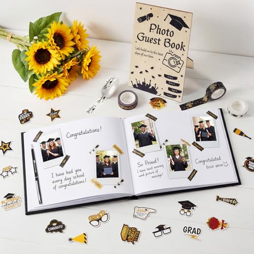 8 pcs Graduation Guest Book Photo Sign Decorations in Book 80 Pages | with Pen Stickers Washi Tape Wooden Stand Signature Scrapbook for College Gifts
