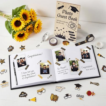 8 pcs Graduation Guest Book Photo Sign Decorations in Book 80 Pages | with Pen Stickers Washi Tape Wooden Stand Signature Scrapbook for College Gifts