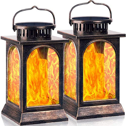 TomCare Flickering Flame Solar Lights Outdoor Metal Hanging Lantern, 2 Pack - size: 2 Pack, style: Gorgeous-Bronze